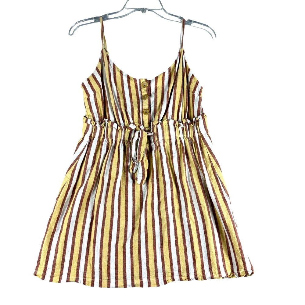 LUSH Dress Women's Medium Yellow Mini Striped Sleeveless Button Front Cute Boho